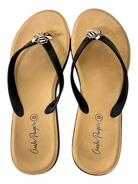 Charlie Paige Black and Tan Bee-Accent Flip Flop Sandals SZ8